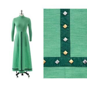 Vintage 1970s Sweater Dress 70s Studded Knit Green Turtleneck Fit Flare Maxi